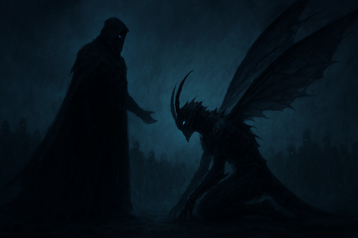 Dark fantasy artwork of the Shadow Monarch facing the kneeling Ant King, surrounded by shadow soldiers and glowing blue light — inspired by Solo Leveling.