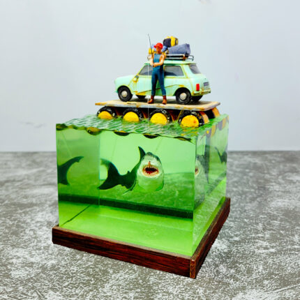 Finished 'Shark Alert' DIY epoxy resin shark diorama kit by AmazingTrungX, showing a raft above a menacing shark.