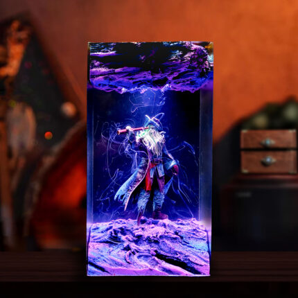 Detailed Davy Jones Resin Lamp showing Kraken and Pirate of the Caribbean theme, glowing with LED light