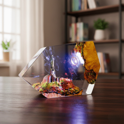 Handmade LOTR Inspired Castle Light glowing with warm LED illumination, perfect for fantasy home decor