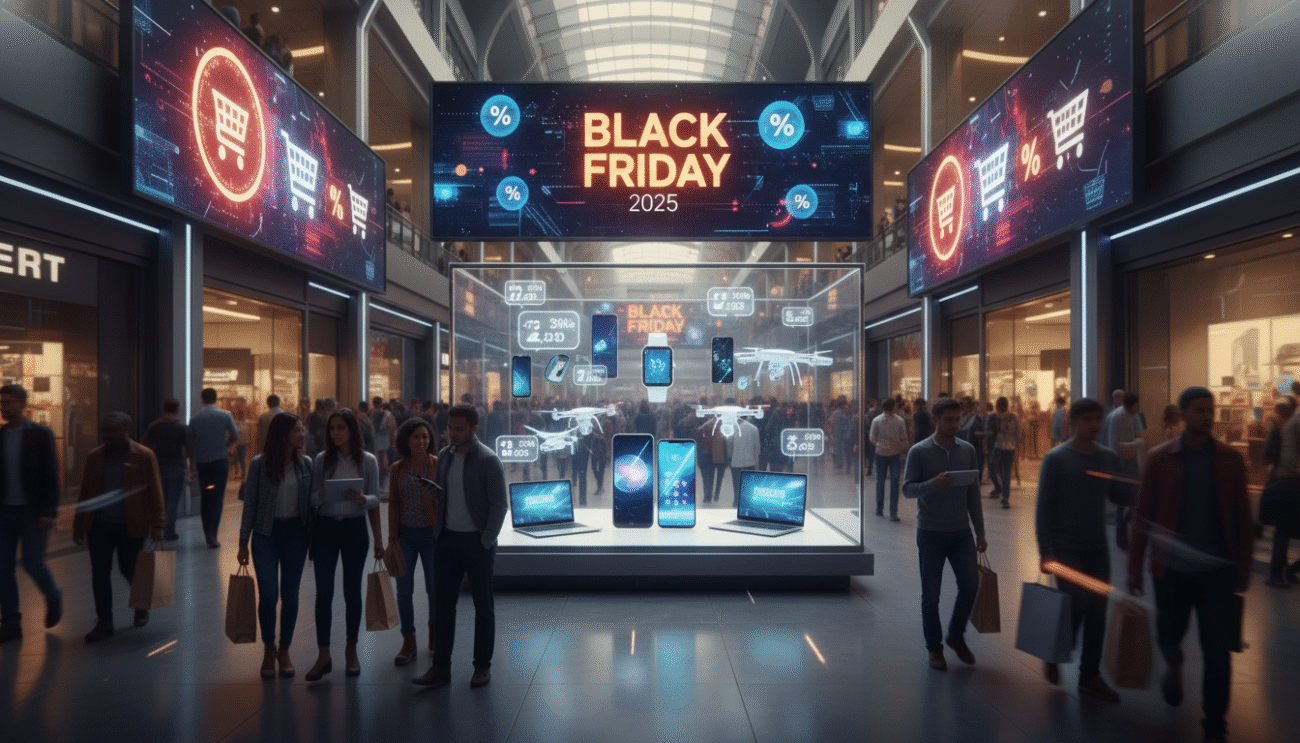 Festive living room with a decorated Christmas tree and cozy home decor, showcasing Black Friday deals