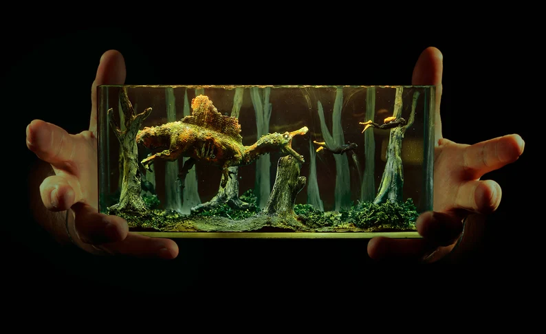 Zombie Spinosaurus Lamp with glowing eyes, a unique horror collectible for dark decor