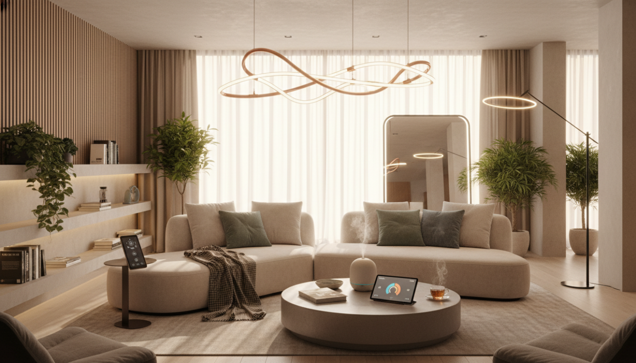 A modern living room showing curved furniture, natural textures, and soft, ambient lighting, representing 2026 design trends.
