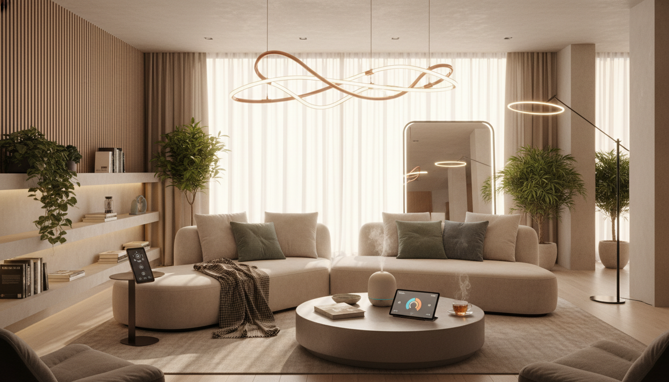 A modern living room showing curved furniture, natural textures, and soft, ambient lighting, representing 2026 design trends.