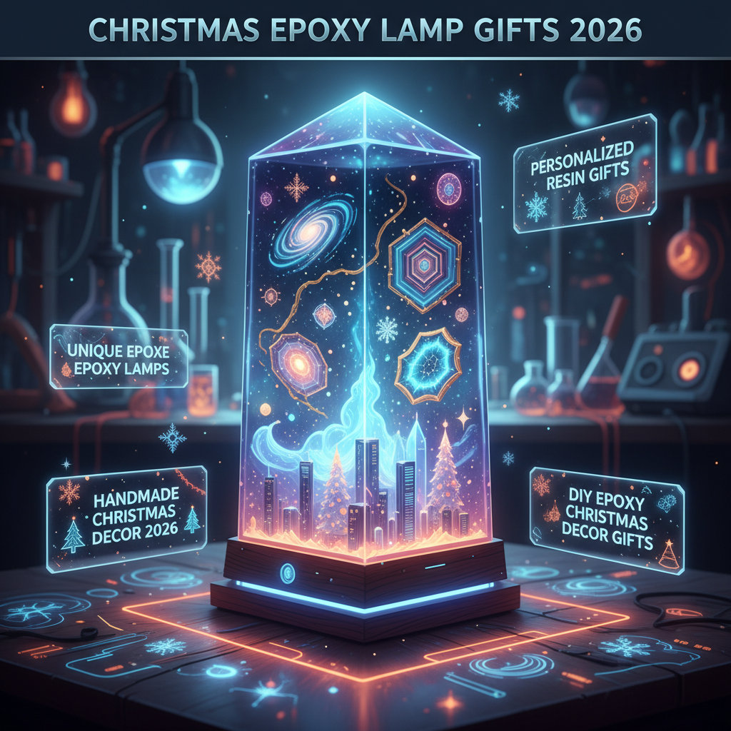 A beautifully crafted Christmas epoxy lamp with embedded festive elements, glowing softly on a wooden table, perfect as a unique holiday gift in 2026.