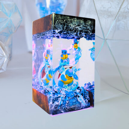 Handmade Pokemon Resin Lamp featuring Eevee evolution diorama with glowing LED light, perfect for anime fans and room decor.