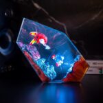 Close-up of a vibrant Resin Sonic Night Light, featuring Sonic the Hedgehog encapsulated in clear epoxy resin with an ambient glow, perfect for gamer decor.