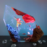 Aang elemental resin lamp, depicting Aang amidst the four elements: air, water, earth, and fire, glowing from within a clear resin block.