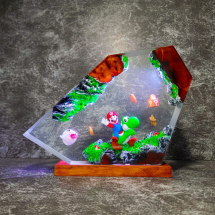 Close-up of a handmade Super Mario Bros. resin lamp featuring Mario and Luigi with iconic game elements and LED lighting.