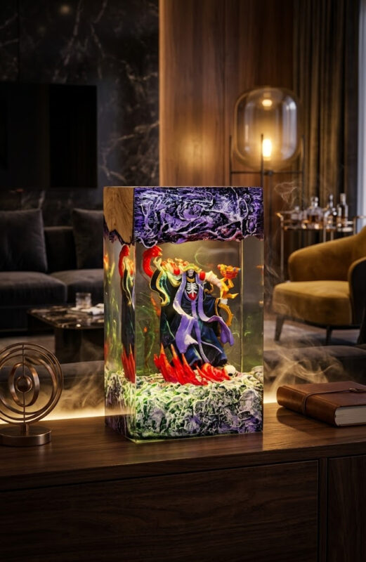 Ainz Ooal Gown Resin Lamp glowing with purple light, detailed Overlord anime collectible statue on a dark background
