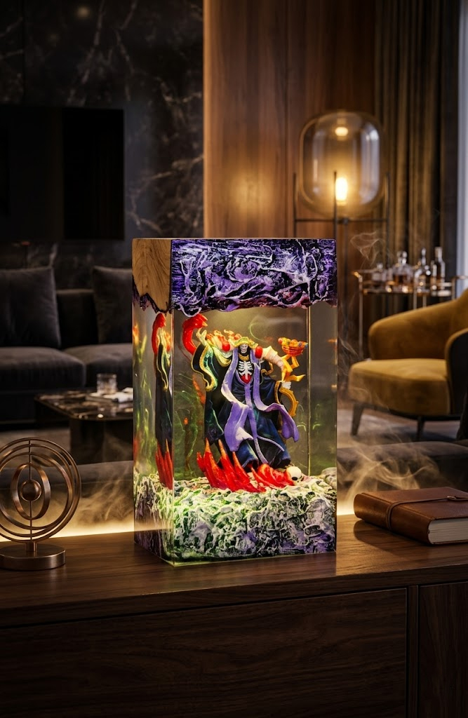 1 (5) Ainz Ooal Gown Resin Lamp glowing with purple light, detailed Overlord anime collectible statue on a dark background