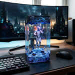 Detailed Excalibur Warframe resin lamp glowing with ambient light, perfect for gaming room decor.