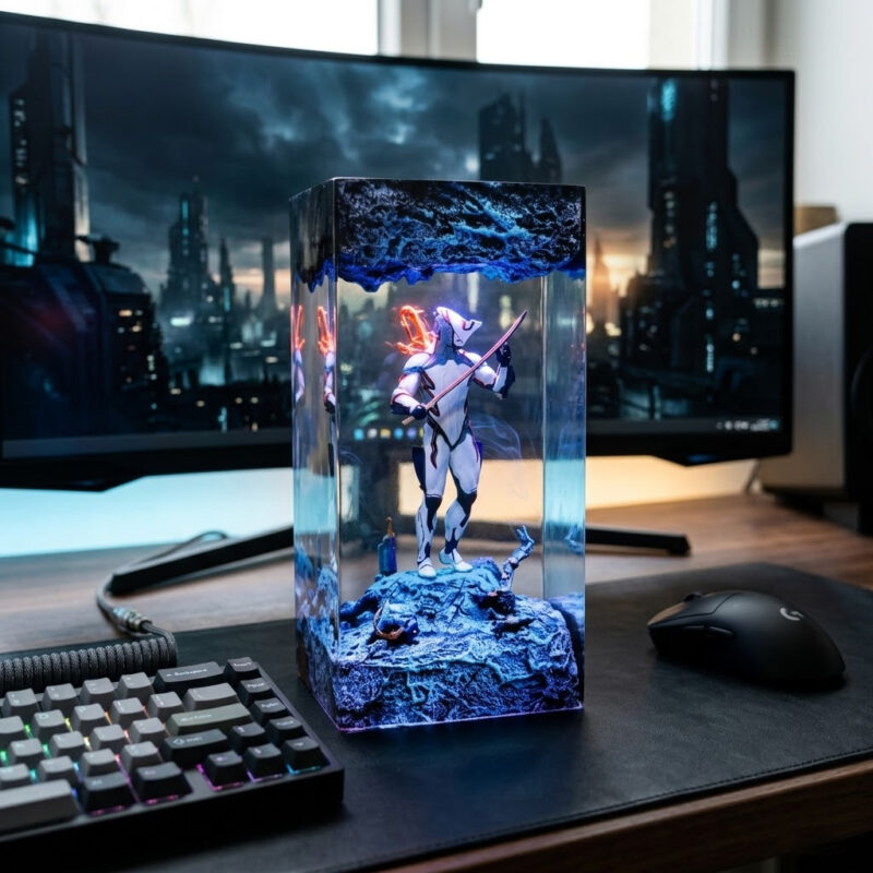 Detailed Excalibur Warframe resin lamp glowing with ambient light, perfect for gaming room decor.