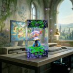 A beautifully illuminated Frieren Resin Lamp showcasing intricate Frieren anime characters and scenes embedded in clear resin with soft LED lighting.
