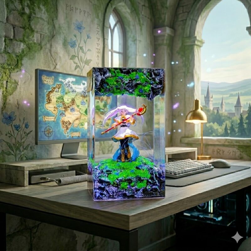 A beautifully illuminated Frieren Resin Lamp showcasing intricate Frieren anime characters and scenes embedded in clear resin with soft LED lighting.