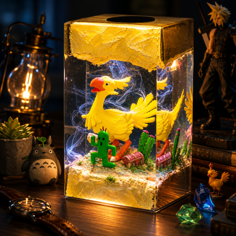 Handmade Chocobo Resin Lamp inspired by Final Fantasy with warm LED lighting