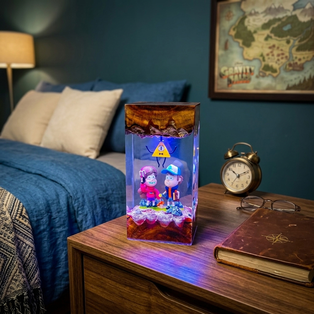 Gravity Falls Resin Lamp Handmade Gravity Falls Resin Lamp featuring Dipper, Mabel, and Bill Cipher with LED lighting