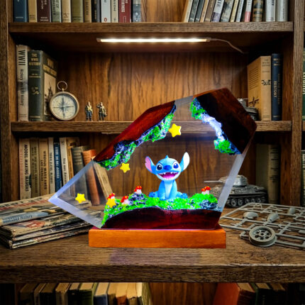 Stitch Resin Lamp handmade epoxy resin LED night light with wooden base.