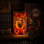 Handmade Demon Slayer resin LED lamp featuring Tanjiro Kamado and Kyojuro Rengoku with fiery anime-inspired artwork.