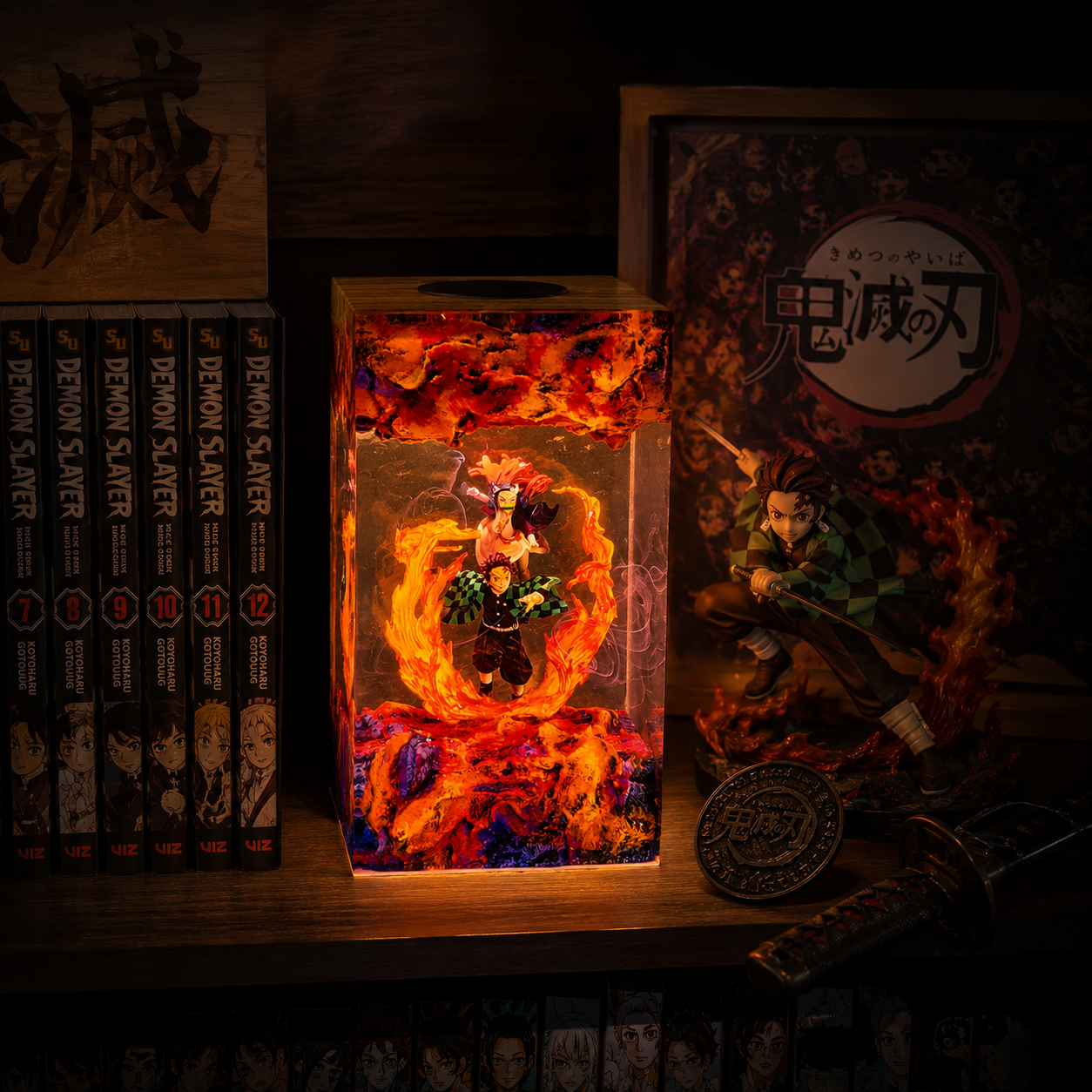 Demon Slayer Lamp Handmade Resin LED Night Light Handmade Demon Slayer resin LED lamp featuring Tanjiro Kamado and Kyojuro Rengoku with fiery anime-inspired artwork.