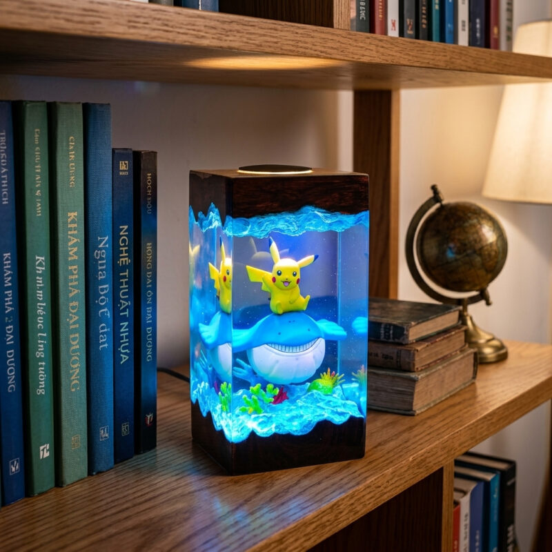 Pikachu and Wailmer resin lamp with glowing underwater scene